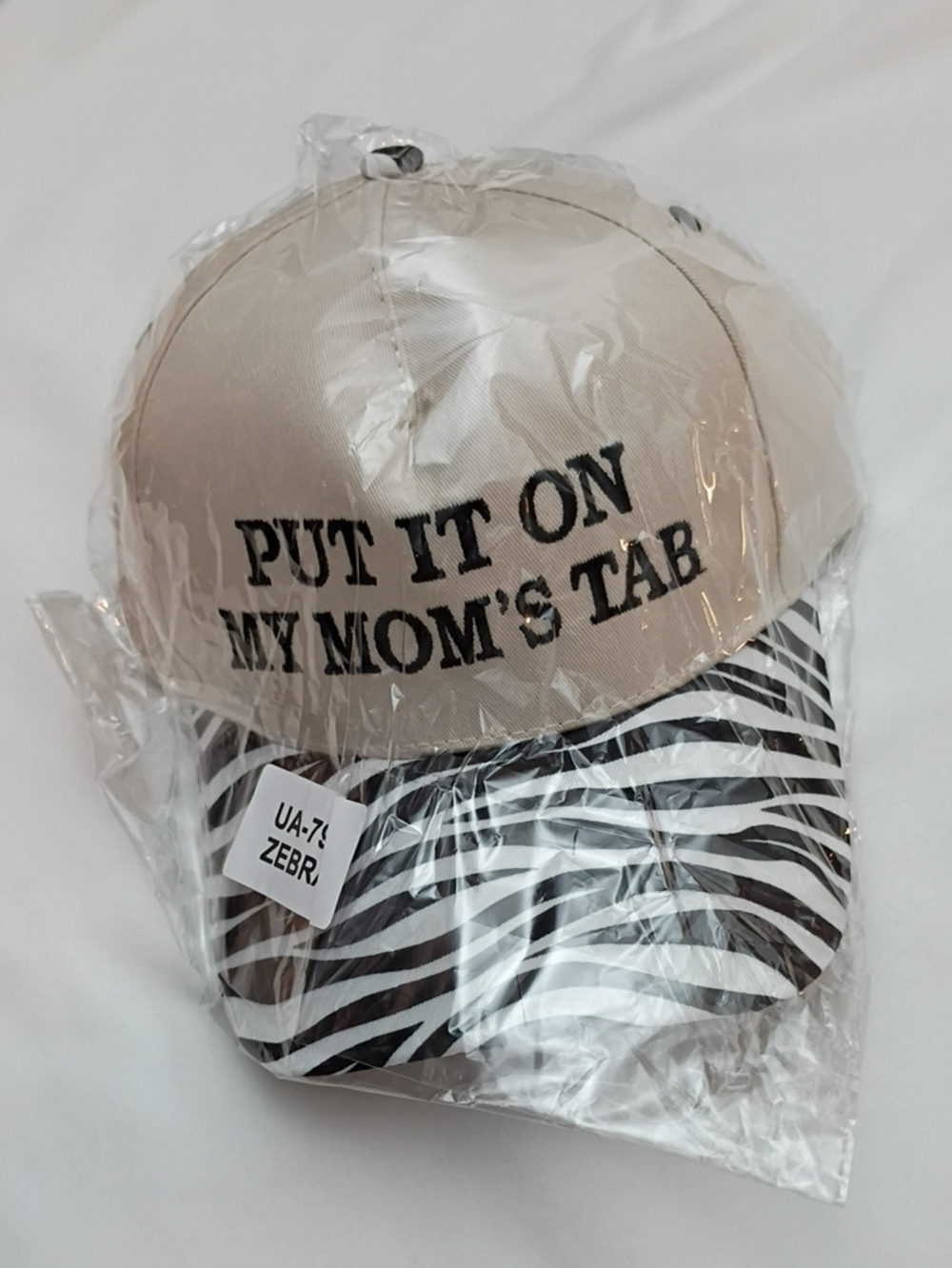 Women's Beige Cap with Zebra Brim - 'Put It On My Mom's Tab'
